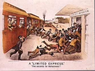 A Limited Express, Fem sekunder för förfriskningar, pub. av Currier och Ives i New York, 1884